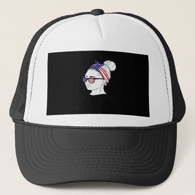 It’s Fall Y’all Messy Bun Women USA Flag Trucker Hat (Front)