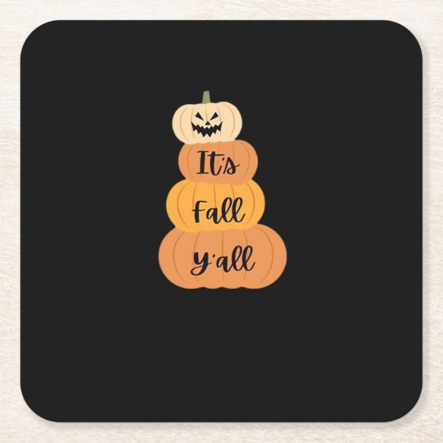 It’s Fall Y’all Pumpkin Autumn Halloween Design Fu Square Paper Coaster (Front)