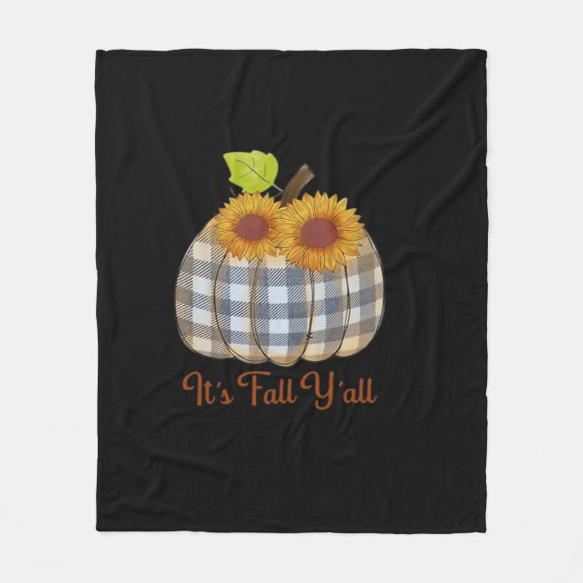 It’s Fall Y’all Pumpkin Plaid Design Halloween Fun Fleece Blanket (Front)