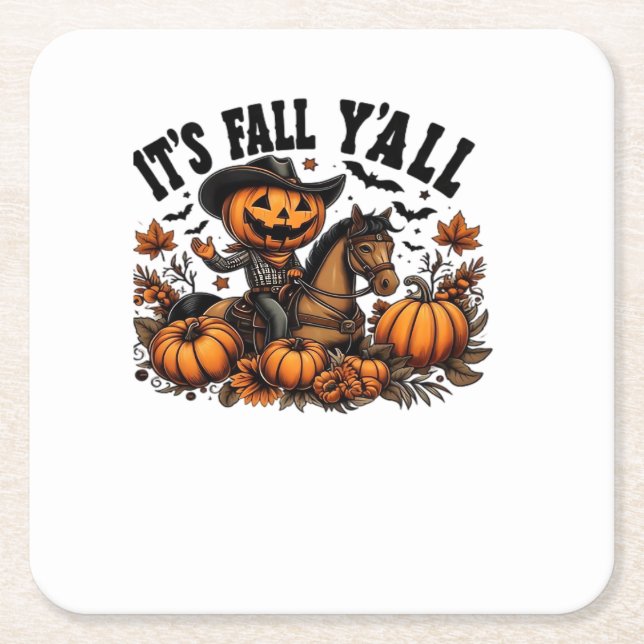 It’s Fall Y’all Retro Halloween Square Paper Coaster (Front)