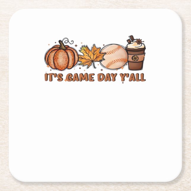 It’s Game Day Y’all, Fall Baseball Square Paper Coaster (Front)