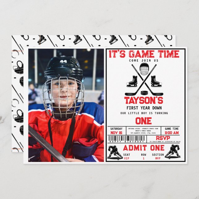 It’s Game Time Hockey 1st Birthday Party photo Invitation (Front/Back)