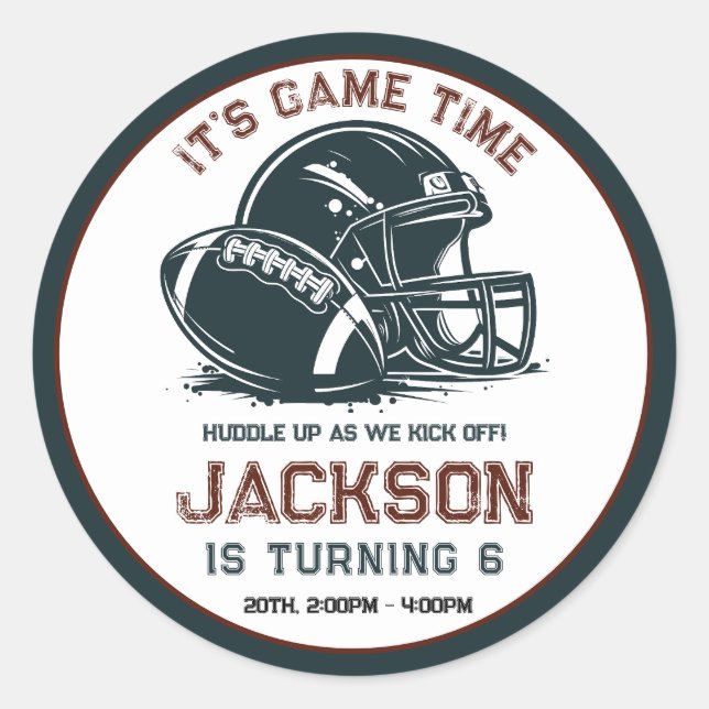 It’s game time! Kick off football birthday kids Classic Round Sticker (Front)
