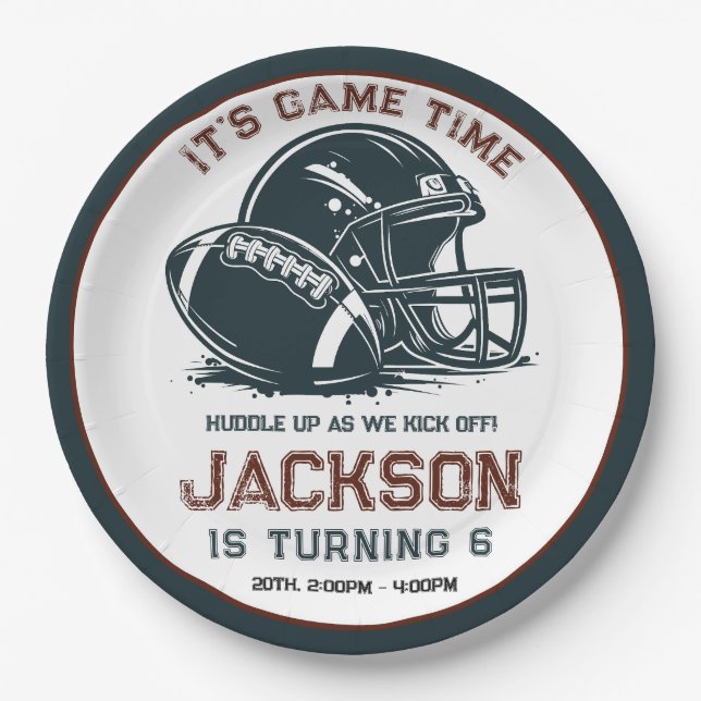 It’s game time! Kick off football birthday kids Paper Plate (Front)