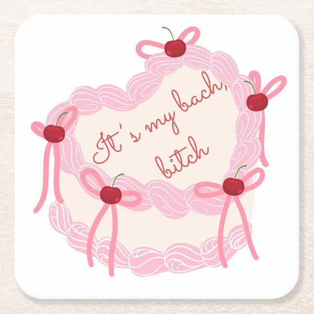 It’s My Bachelorette | Coquette Cake Bridal Party Square Paper Coaster (Front)