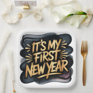 It’s My First New Year in Black and Gold Paper Plate