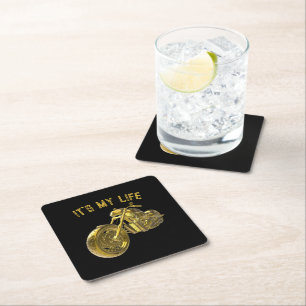 „It’s My Life“: Golden Bike 3D - Square Paper Coaster