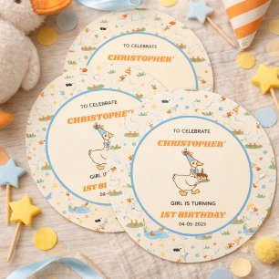 It’s ONE Silly Goose Retro 1st Birthday Fun Modern Classic Round Sticker