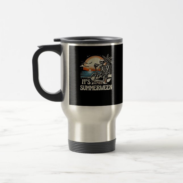 It’s Summerween Skeleton Sunset Vacation Travel Mug (Left)