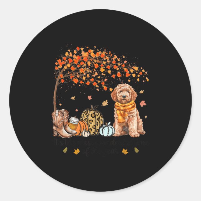 It’s The Most Wonderful Time Goldendoodle Pumpkins Classic Round Sticker (Front)