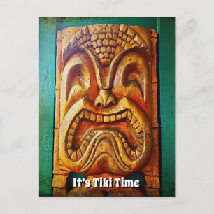 It’s Tiki Time Cool Fun Vintage Retro Wood Face Postcard