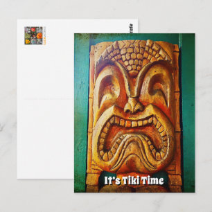 It’s Tiki Time Cool Fun Vintage Retro Wood Face Postcard