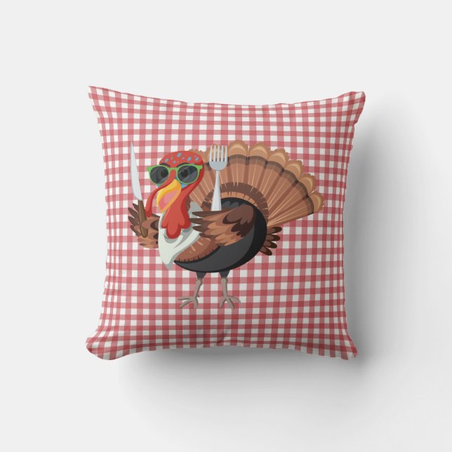 It’s Turkey Time with Red Chequered Throw Pillow (Front)