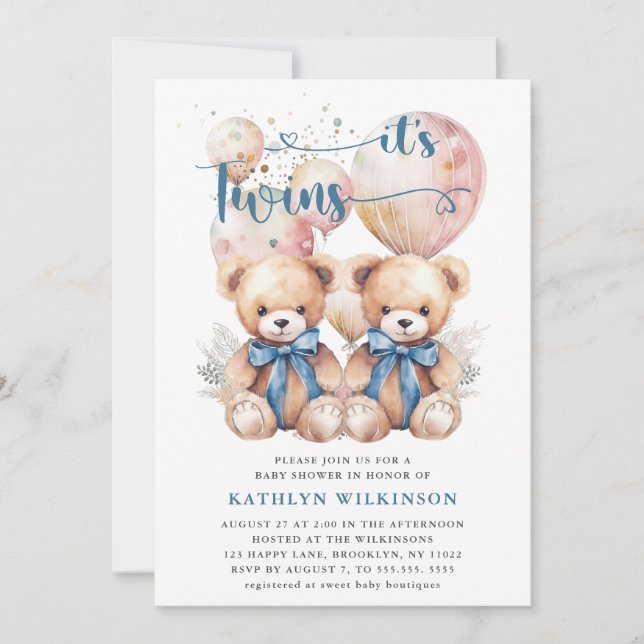 IT’S TWINS Blue Balloons Teddy Bears Baby Shower Invitation (Front)