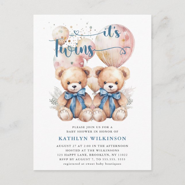 IT’S TWINS Blue Balloons Teddy Bears Baby Shower Invitation Postcard (Front)