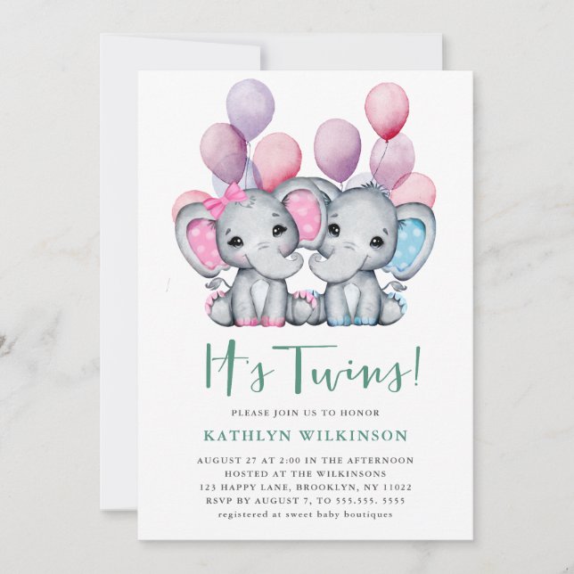 It’s Twins Boy Girl Elephant Balloon Baby Shower Invitation (Front)