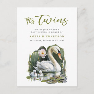 It’s Twins Elegant Green Script Swan Baby Shower Invitation Postcard