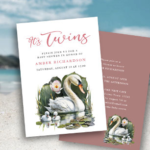 It’s Twins Elegant Pink Script Swan Baby Shower Invitation