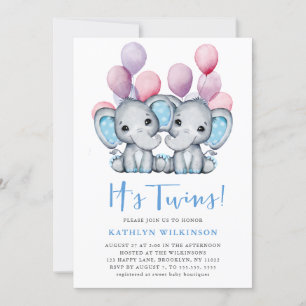 It’s Twins Elephant Blue Balloon Cute Baby Shower  Invitation