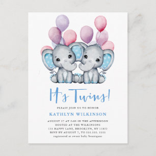 It’s Twins Elephant Blue Balloon Cute Baby Shower Invitation Postcard