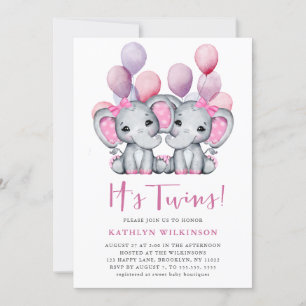 It’s Twins Elephant Pink Balloon Cute Baby Shower  Invitation