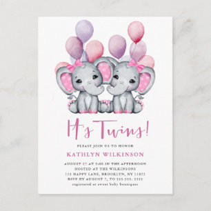 It’s Twins Elephant Pink Balloon Cute Baby Shower  Invitation Postcard