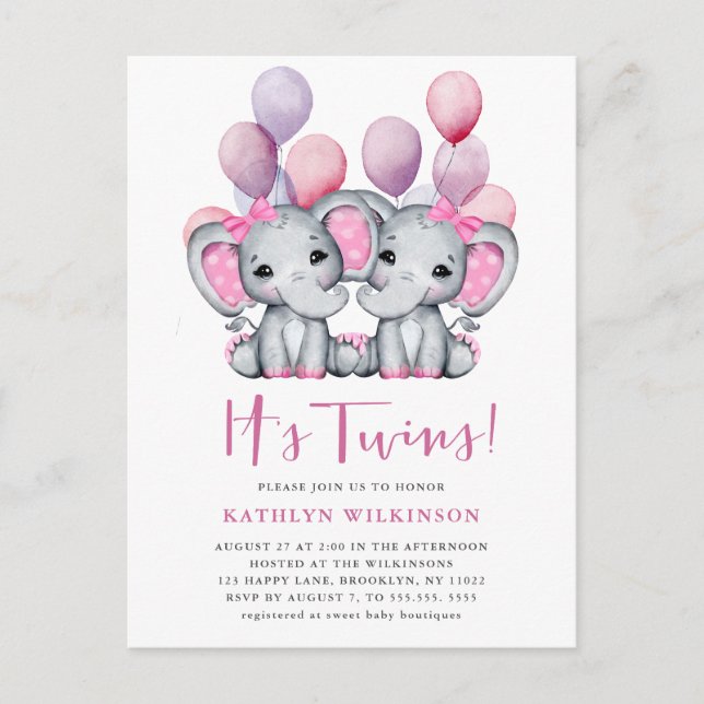 It’s Twins Elephant Pink Balloon Cute Baby Shower  Invitation Postcard (Front)