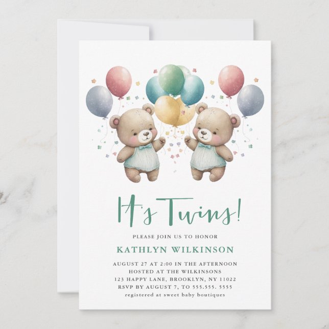 IT’S TWINS Green Balloons Teddy Bears Baby Shower Invitation (Front)