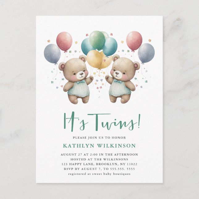 IT’S TWINS Green Balloons Teddy Bears Baby Shower Invitation Postcard (Front)