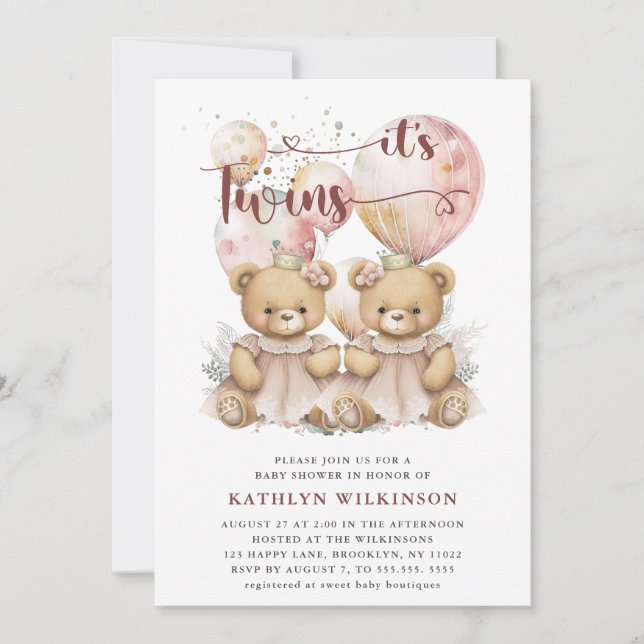 IT’S TWINS Pink Balloons Teddy Bears Baby Shower Invitation (Front)