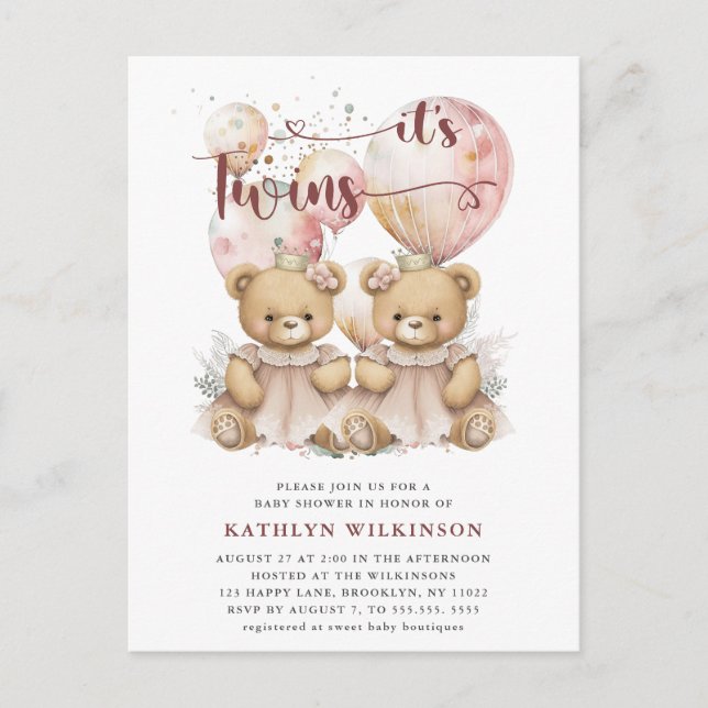 IT’S TWINS Pink Balloons Teddy Bears Baby Shower Invitation Postcard (Front)