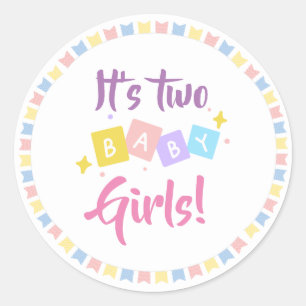 It’s Two Baby Girls Pink Party Birth Announcement  Classic Round Sticker