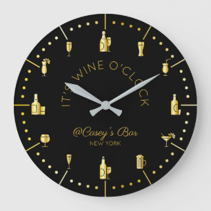 It’s Wine O’Clock Elegant Gold Black Monogram Large Clock