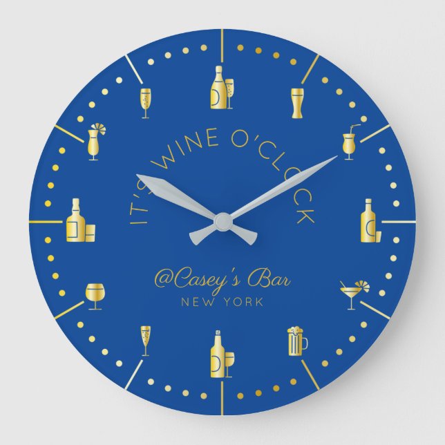 It’s Wine O’Clock Elegant Gold Deep Blue Monogram Large Clock (Front)