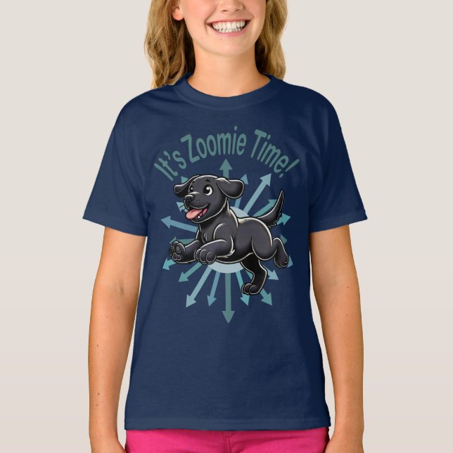It’s Zoomie Time Black Lab T-Shirt (Front)