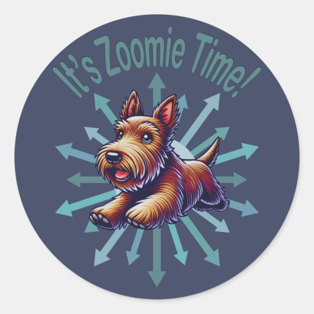 It’s Zoomie Time Brown Scotty Classic Round Sticker (Front)