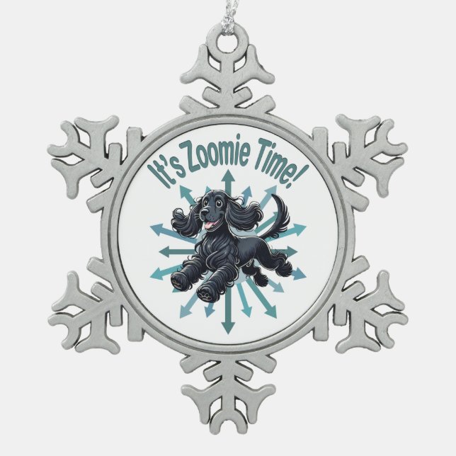 It’s Zoomie Time Cocker Spaniel Snowflake Pewter Christmas Ornament (Front)