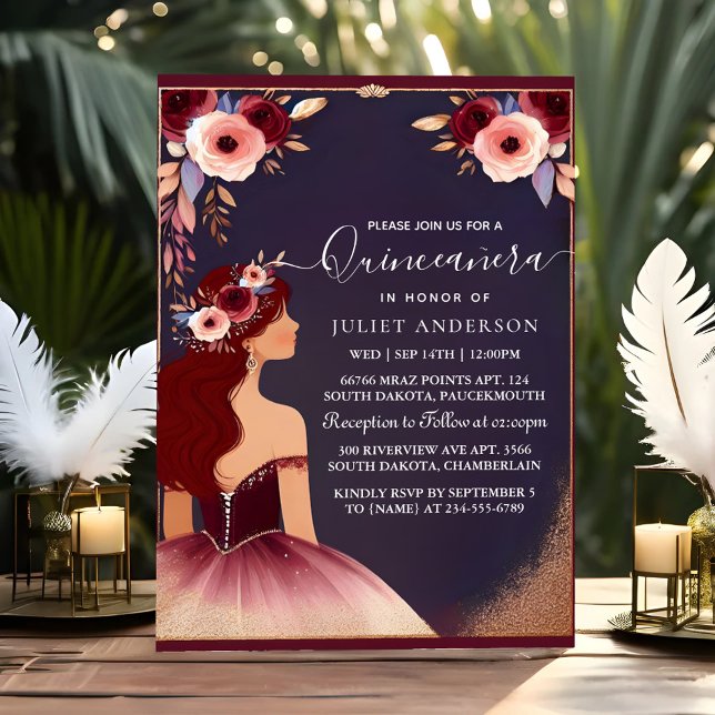 It Silver Plum Lace Gown Boho Burgundy Quinceanera Invitation (Creator Uploaded)