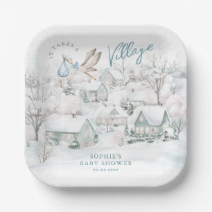 It Takes a Village Blue Boy Stork Baby Shower Paper Plate