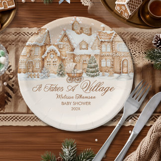 It Takes A Village Gingerbread Winter Baby Shower Paper Plate