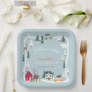 It Takes A Village Holiday Blue Baby Shower  Paper Plate