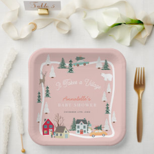 It Takes A Village Holiday Pink Baby Shower Paper Plate
