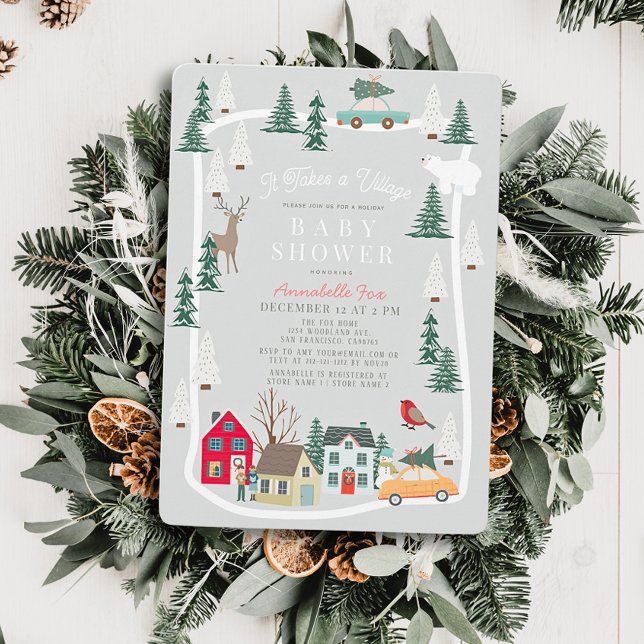 It Takes A Village Holiday Town Grey Baby Shower Invitation (Creator Uploaded)