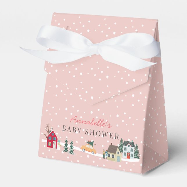 It Takes A Village Holiday Town Pink Baby Shower Favour Box (Front Side)