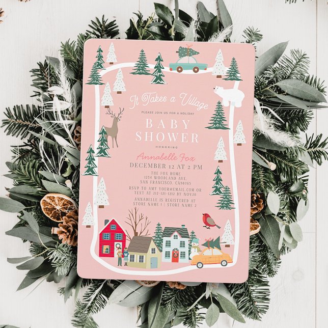 It Takes A Village Holiday Town Pink Baby Shower Invitation (Creator Uploaded)