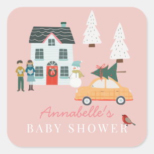 It Takes A Village Holiday Town Pink Baby Shower Square Sticker