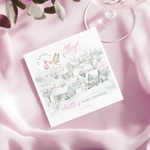 It Takes a Village Pink Girl Stork Baby Shower Napkin
