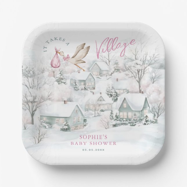 It Takes a Village Pink Girl Stork Baby Shower Paper Plate (Front)