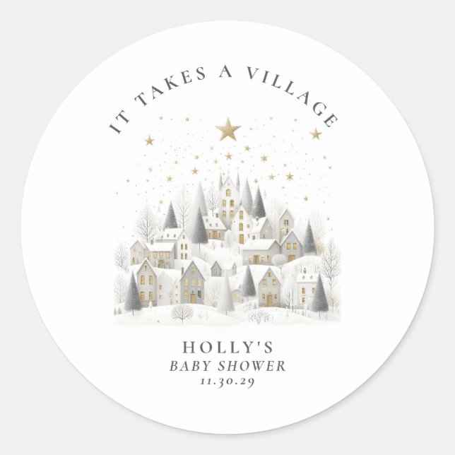 It Takes a Village Snowy Whimsical Baby Shower  Classic Round Sticker (Front)