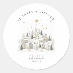 It Takes a Village Snowy Whimsical Baby Shower Classic Round Sticker
